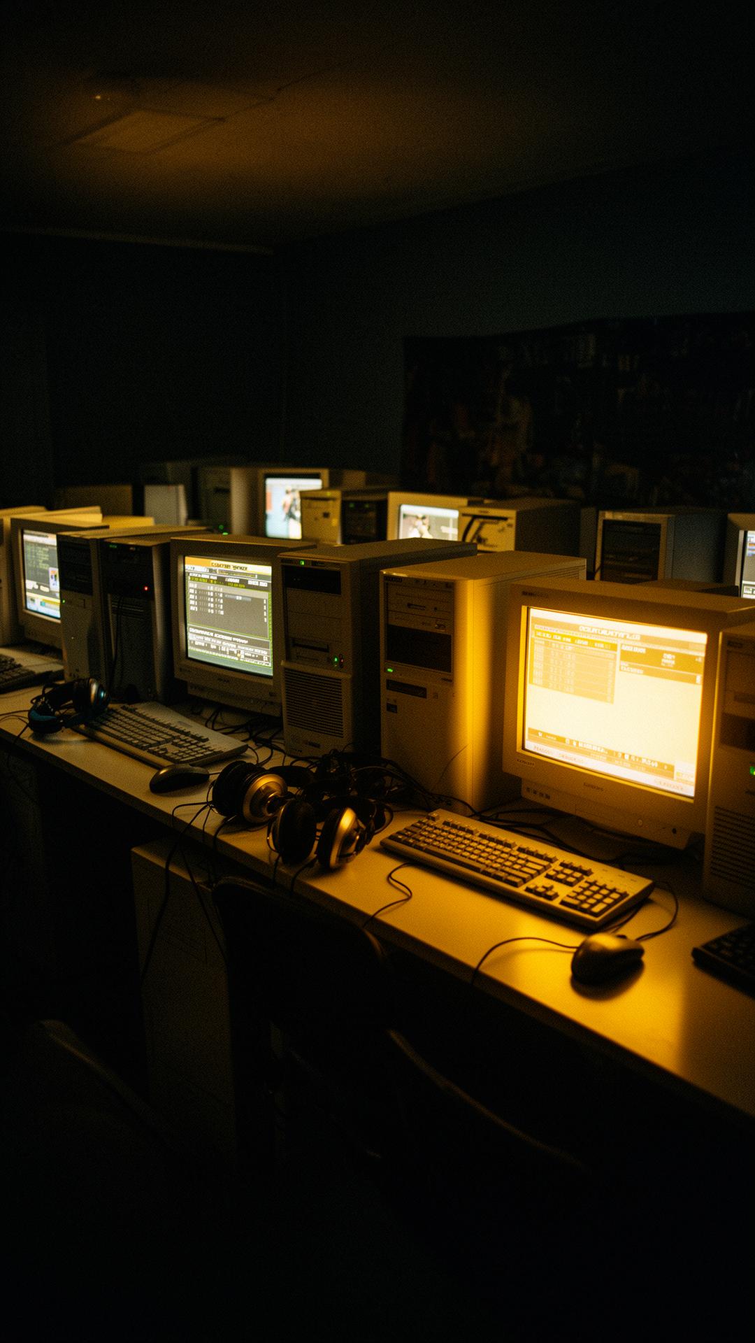 LAN house brasileira anos 2000, monitores CRT iluminados por luz amarela, memória gamer de Counter-Strike